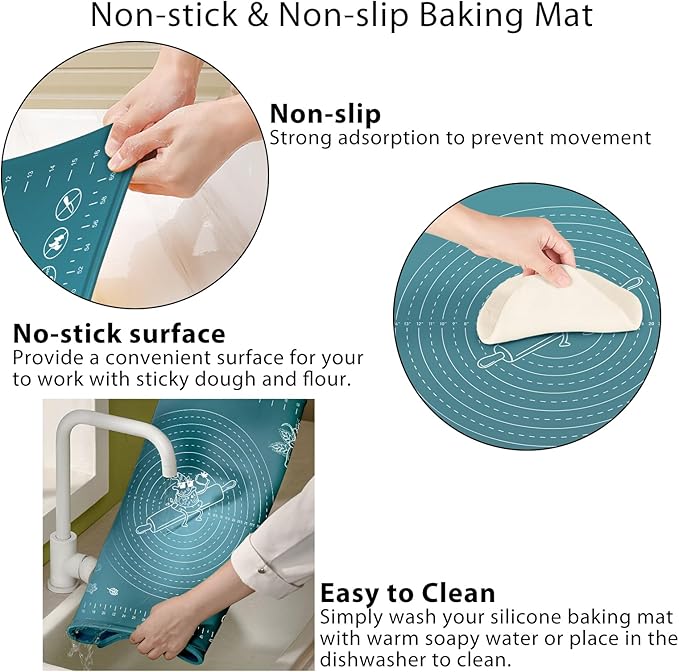 Silicone Pastry Mat 28" x 20" Extra Thick Non Stick Baking Mat with Measurements and Edge Heightening, Food Grade Silicone Rolling Mat for Pastry, Bread, Cookies, Pizza, Fondant, Pasta