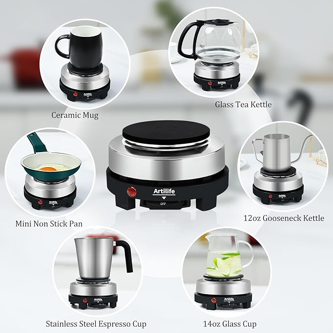 Artilife 500W Small Hot Plate Mini Hot Plate,Artilife 500w Small Electric Hot Plate,Mini Stove Portable Stove Kitchen Cooktop Electric Heater,Perfect Size for Moka Pot 110V