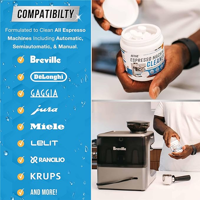 ACTIVE Espresso Machine Cleaning Tablets Descaling - 120 Tabs | Compatible with Breville Barista Express, Gaggia, Delonghi, Jura, Philips | Expresso Maker Backflush Oil Remover Solution Clean Tablet