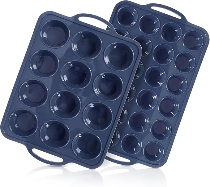2 Pack Silicone Muffin Pan 12 and 24 Cup with Metal Frame,Non Stick Silicone Mini Cupcake Pan with Handles, BPA Free Silicon Regular Muffin Tin Tray Small for baking, egg bites, Mold Grey