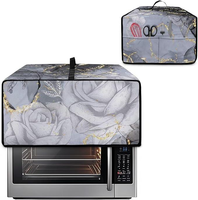 Marble Rose Flower Print Toaster Oven Cover, Stain-Resistant Air Fryer Cover with Storage Pocket, Kitchen Decorative Oven Protector, Black Grey Gold, (Medium-16.1*19.71*10 inches)