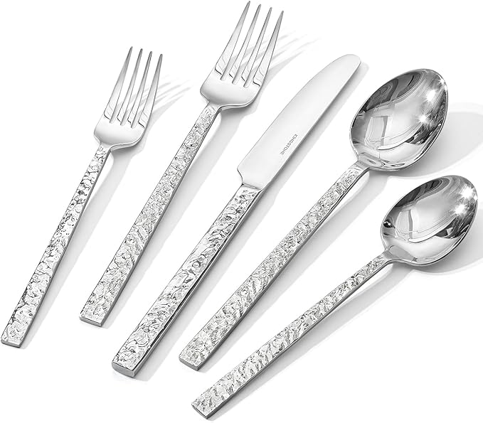 KINGSTONE 60 Pcs Hammered Silverware Set for 12, 18/10 Stainless Steel Heavy Duty Flatware Set, Tableware Cutlery Utensil Sets for Home Restaurant Dishwasher Safe