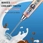YUSWKO Rose Gold Handheld Milk Frother Wand with Stand for Coffee, Rechargeable Electric Whisk with 3 Heads 3 Speeds Drink Mixer Coffee Frother For Latte, Cappuccino, Hot Chocolate, Egg