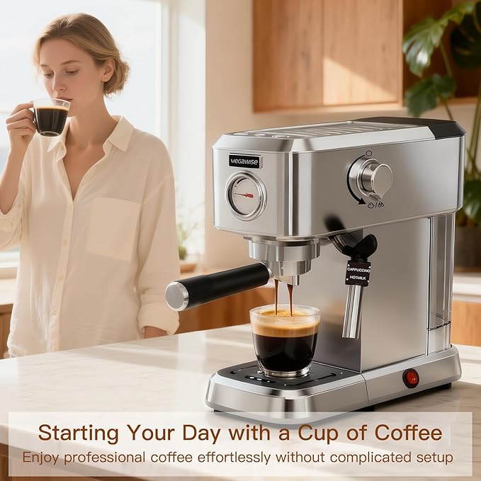 Espresso Machine 20 Bar, Compact Stainless Steel Coffee Maker with Steam Milk Frother & Removable Tank for Cappuccino, Latte - Silver