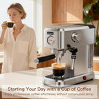 Espresso Machine 20 Bar, Compact Stainless Steel Coffee Maker with Steam Milk Frother & Removable Tank for Cappuccino, Latte - Silver