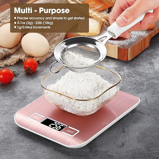 Mik-Nana Food Scale Pink, 10kg/22lb Digital Kitchen Scale Weight Grams and Oz for Baking and Cooking, 1g/0.1oz Precise Graduation, Easy Clean Stainless Steel