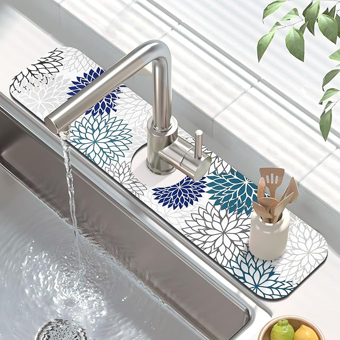Findosom 2PCS 16" x 24" Dish Drying Mat & 24" x 5.5" Sink Splash Guard, Super Absorbent & Cuttable Dish Mat Drying Kitchen Mat with Blue Floral, Hide Stain Drying Mat for Kitchen Counter
