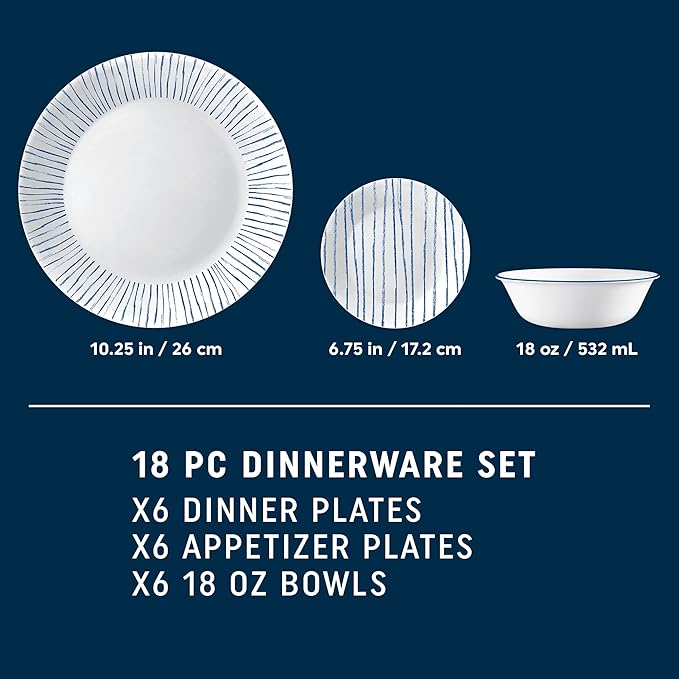 Corelle 18-Piece Dinnerware Set Service for 6, Lightweight Round Plates and Bowls Set, Vitrelle Triple Layer Glass, Chip Resistant, Microwave and Dishwasher Safe, Nautical Stripes