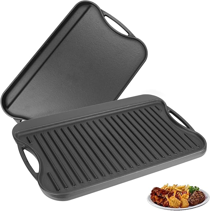 2 in 1 Reversible Cast Iron Griddle for Gas Grill, Flat Top Grill Pan for Gas Stove, Pre-Seasoned Oven Top pan,Upgrade Double Burner Griddle for Indoor & Outdoor Cooking Accessories, 17" X 10"