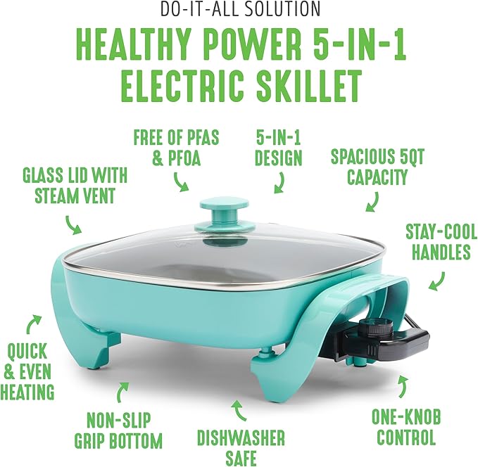 GreenLife 12" 5QT Square Electric Skillet, Glass Vented Lid, Ceramic PFAS-Free Nonstick Interior, Adjustable Temperature Control, Cool Touch Handles, Quick Even Heating, Scratch Resistant, Turquoise
