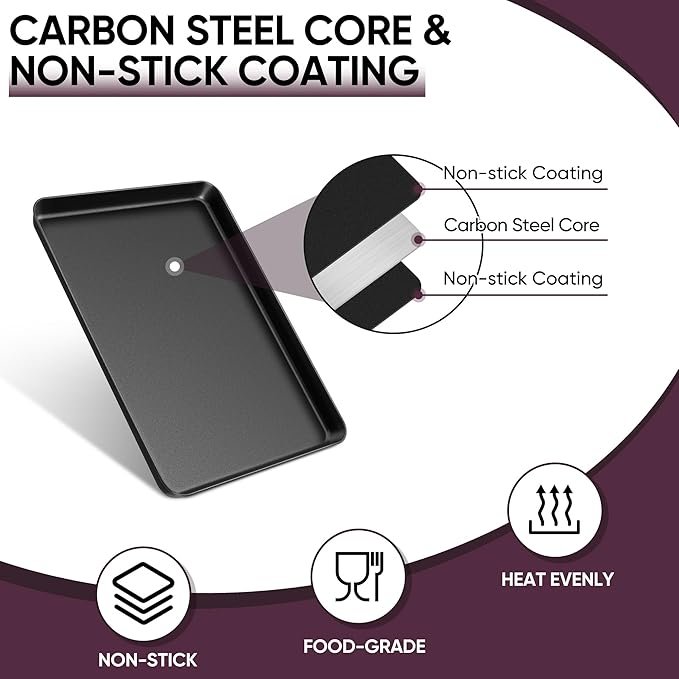E-far Baking Sheet Set of 2, 12.5" x 9.5" x 1" Cookie Sheet Pan for Baking, Nonstick Carbon Steel Baking Trays for Oven, Heat-Resistant & Easy Clean, Black