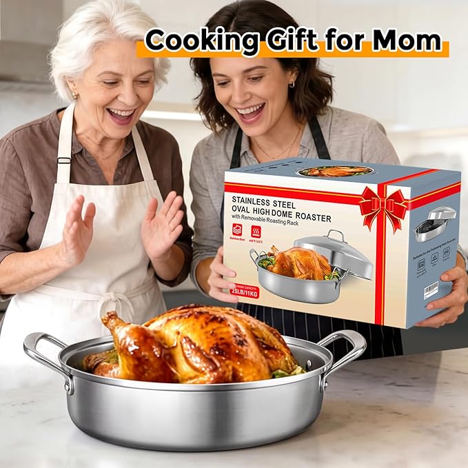 Large Roasting Pan with Rack and Lid, Gifts for mom women wife, Stainless Steel Large Oval Roaster, Nonstick Oven Cookware for Turkey Chicken, 21 Inch