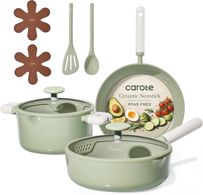 CAROTE Pots and Pans Set Nonstick, Ceramic Cookware Set, Green Cooking Set Kitchen Induction Set with Steamer, PFAS PTFE Free,9 Piece