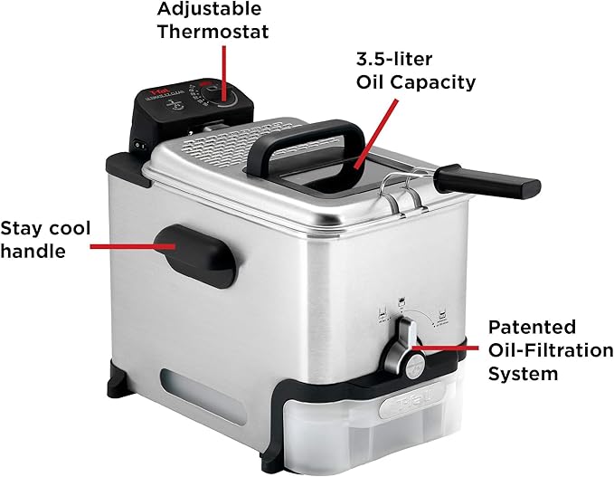 T-fal 3.5L Stainless Steel Deep Fryer with Basket for Home Use, 1700W, Deep Fryer with Oil Filtration, Temp Control, Digital Timer