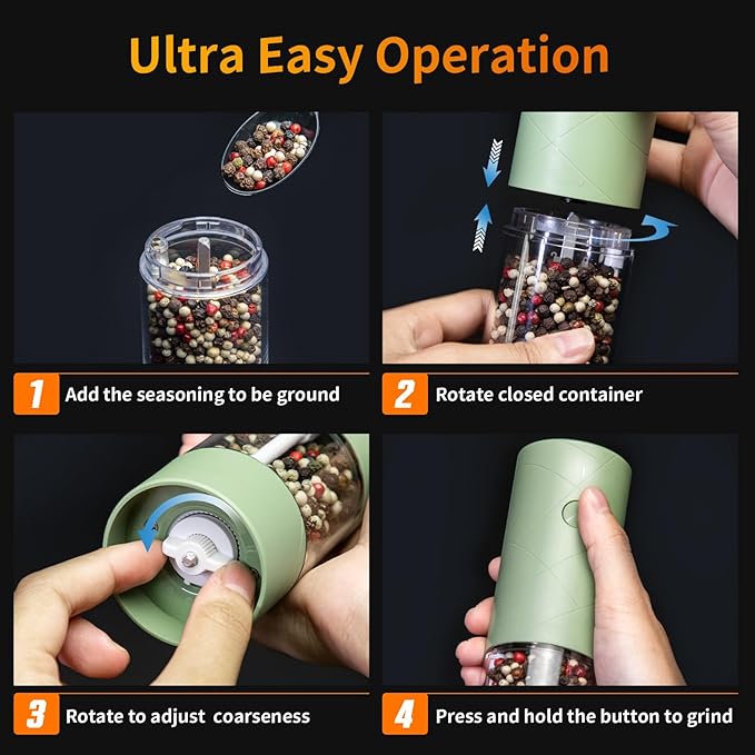 2Pack Electric Salt and Pepper Grinder Set USB Rechargeable with Warm LED Light, Adjustable Coarseness Lidaop Large Capacity Automatic Salt Pepper Mill Grinder for Kitchen, Restaurant, Outdoor, Green