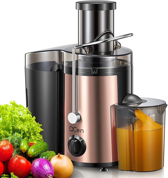 QCen Juicer Machine, 500W Centrifugal Juicer Extractor with Wide Mouth 3” Feed Chute for Fruit Vegetable, Easy to Clean, Stainless Steel, BPA-free (Rose Gold)