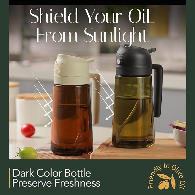 YARRAMATE 16oz/470ml Light-Blocking Dark Oil Sprayer for Cooking, 2 in 1 Olive Oil Dispenser Bottle for Kitchen, Dark Green Glass Oil Bottle, Food-Grade Oil Mister for Air Fryer, BBQ (PeachPink)