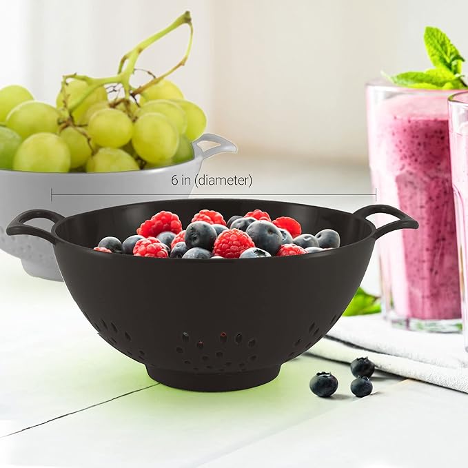 Meadow Lane 6-inch Small Colander, BPA-Free, Dishwasher Safe, Double Handles, Compact Food Strainer for Berries, Veggies and Pasta, 3-Cup Capacity, Black and Gray, 2-Pack