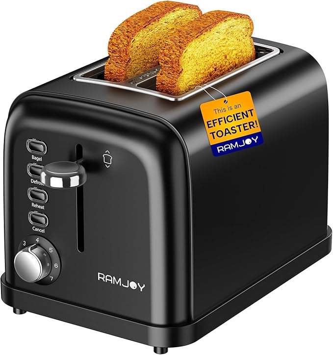 Black Toaster 2 Slice, Extra Wide Slot Toaster for Bagels, Bread, Waffles, 7 Shade Settings, 4 Main Functions, Removable Crumb Tray, 900 Watts Toasters, Black Stainless Steel