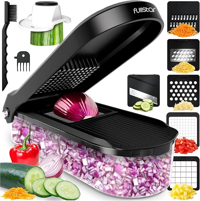 Fullstar Mandoline Slicer for Kitchen - Vegetable Chopper, Onion Potato Food Veggie Fruit Slicer and Cutter with Container, Kitchen Gadgets & Gifts, Home Essentials (6-in-1, Black)