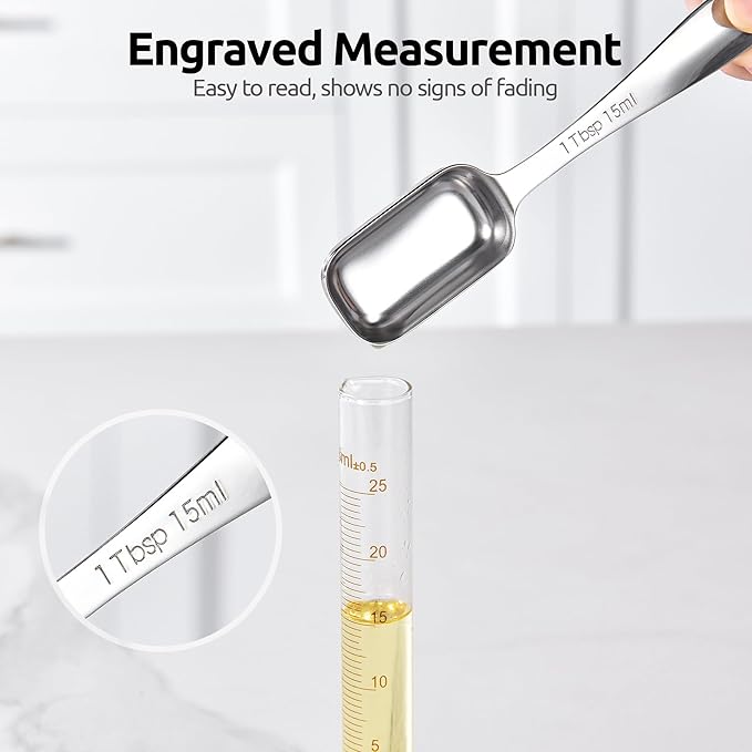 U-Taste Narrow Square Measuring Spoons: 18/8 Stainless Steel Kitchen Measure Teaspoon Tablespoon with Leveler, Polygon Rectangular Metal Jar Scoop for Baking Cooking, Coffee, Spice, Powder (Set of 7)
