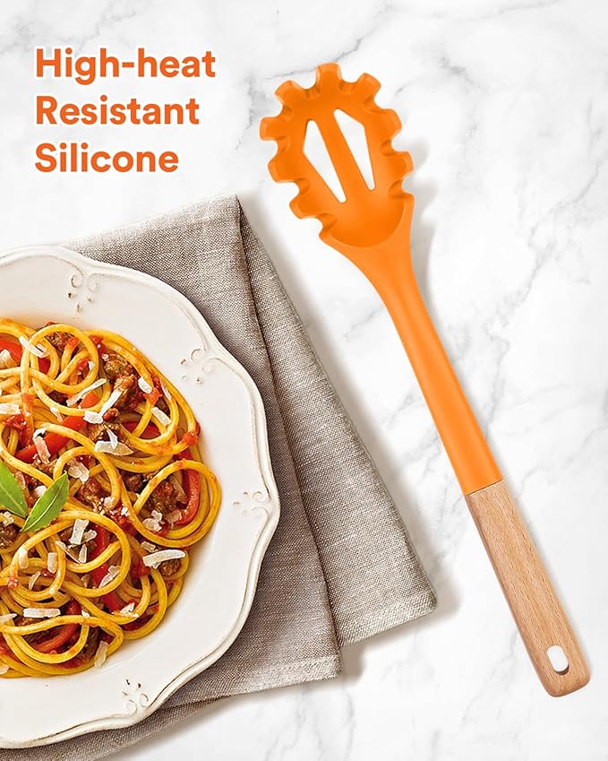 Silicone Pasta Fork, Kitchen Heat Resistant Noodle Spoon Server, BPA Free Spaghetti Strainer,12.8 inch (ORANGE)