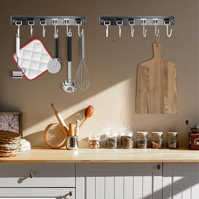 2pcs Utensil Racks with 6 Hooks 11 Inch Mug Holder Under Cabinet Kitchen Utensil Holders Multifunctional (11 inch)