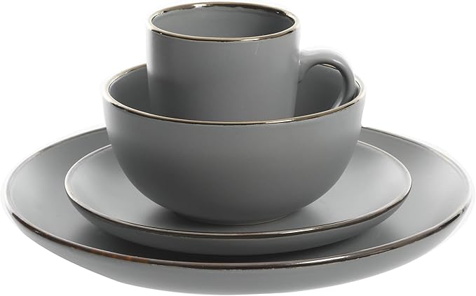 Gibson Home Rockaway 16-Piece Round Stoneware Dinnerware Set, Service for 4 – Grey with Gold Rim Plates and Bowls, Microwave & Dishwasher Safe