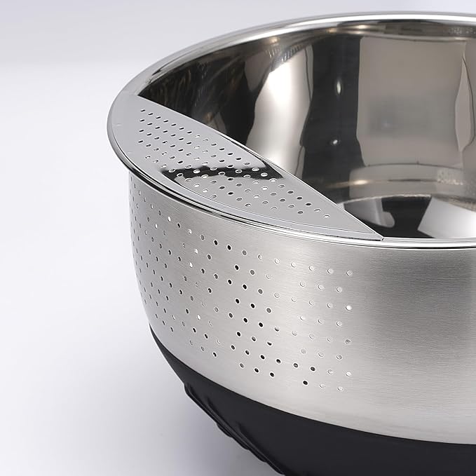 Rice Washer Strainer Bowl Quinoa Washing Bowl whit Handle Stainless Steel Colander Versatile Side Drainers for Cleaning Rinsing Fruits, Vegetables, and Beans - Tilting Non-slip Silicone Bottom