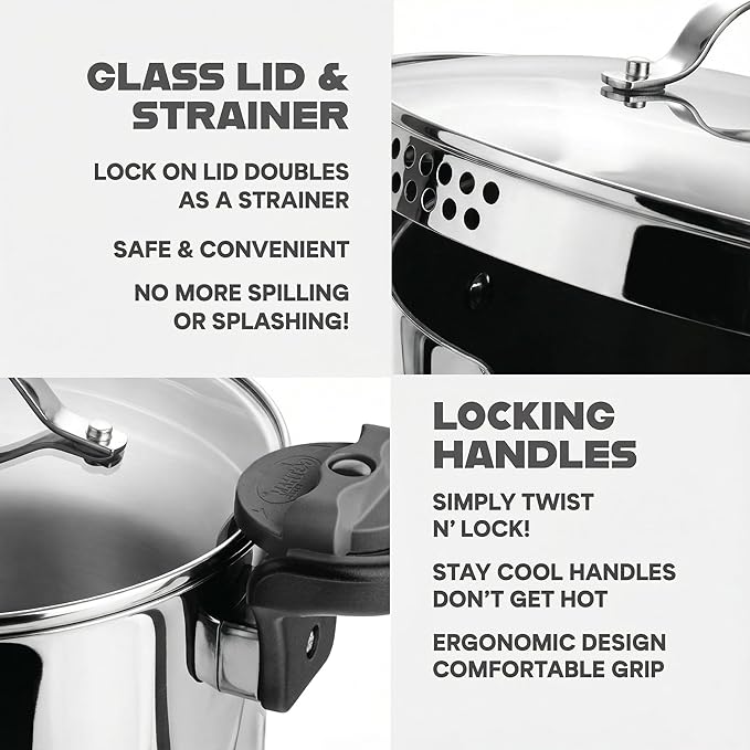 GOTHAM STEEL 8 Qt Nonstick Pasta Pot with Strainer Lid, Stainless Steel Stock Pot, Twist & Lock Handles, 2 Strainer Sizes, PFOA Free, for Soup & Spaghetti, Induction Ready, Oven & Dishwasher Safe