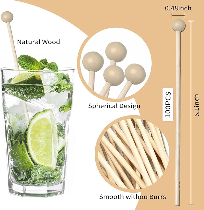 100 Pieces 6Inch Rock Candy Sticks with Ball Wooden Sticks Wood Cake Sticks Drink Stirrer Sticks for Lollipop Coffee Appetizer Skewers (Round)