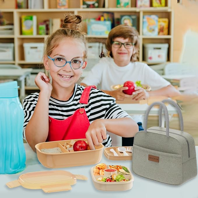 JBGOYON® Bento Lunch Box Set - 3 Stackable Containers for Adults and Kids- Includes Lunch Bag, Leak-Proof and BPA-Free - Built-in Utensil Set and Snack Bag - Dishwasher Safe (Khaki)