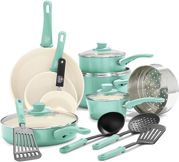 GreenLife Soft Grip 16 Piece Cookware Set, Non-Toxic PFAS-Free Ceramic Nonstick, Pots, Frying, Sauce, Saute, Glass Lids, Stay-Cool Handles, Wobble Free Bases, Dishwasher & Oven Safe, Turquoise