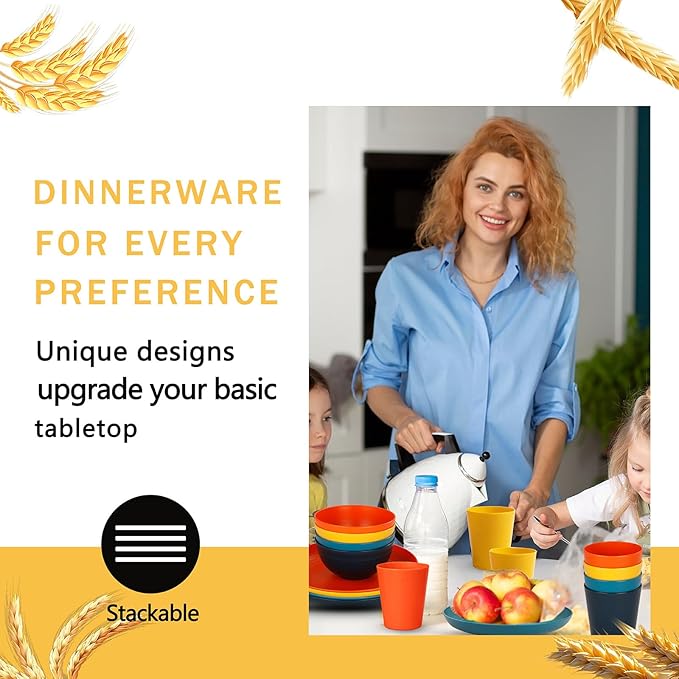 Rubtlamp Wheat Straw Dinnerware Set, 16Pcs Unbreakable Plates And Bowls Sets of 4, Plastic Plates Set Reusable (Four Colors) Include Dinner Platos, Dessert Platos, Cereal Bowls, Cups for Daily