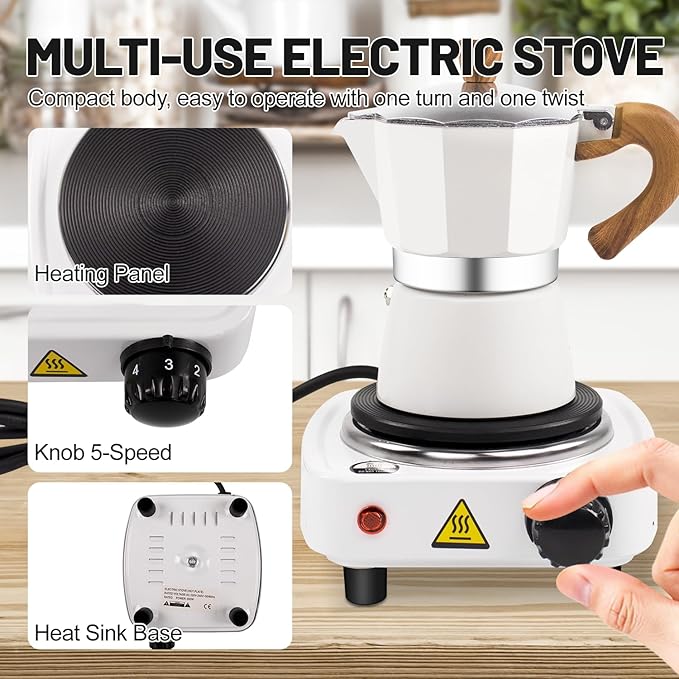 2-in-1 Moka Pot Espresso Set with Electric Stove 3 Cup Aluminum Stovetop Coffee Maker Percolator Italian Classic Mocha Coffee Machine for Italian and Cuban Cafe Brewing Portable Camping Travel
