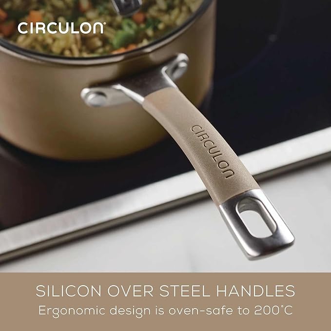 Circulon A1 Series with ScratchDefense Technology Nonstick Induction Pots and Pans, Metal Utensil Safe, Includes Splatter Guard, Slotted Turner and Silicone Trivets, 10 Piece Cookware Set - Champagne