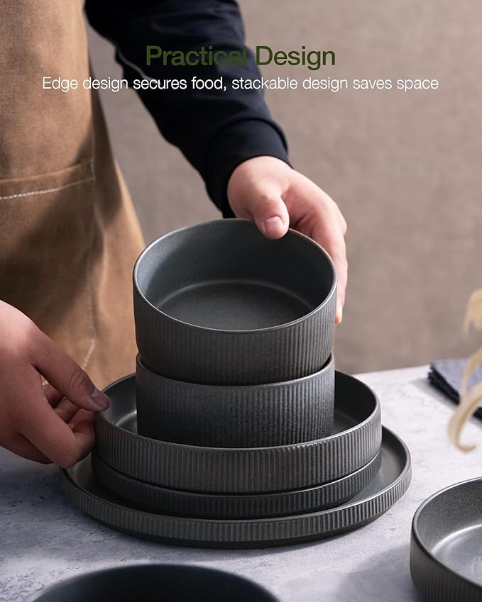 Famiware Star Dinnerware Set with Mugs, Service for 4 (16pcs), Ribbed Stoneware Plates and Bowls Dishes Sets - Chip & Scratch Resistant, Microwave & Dishwasher Safe, Matte Dark Charcoal