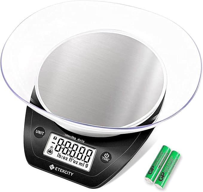 Etekcity 0.1g Food Scale, Bowl, Digital Grams and Ounces for Weight Loss, Dieting, Baking, Cooking, and Meal Prep, 11lb/5kg, Stainless Steel Black