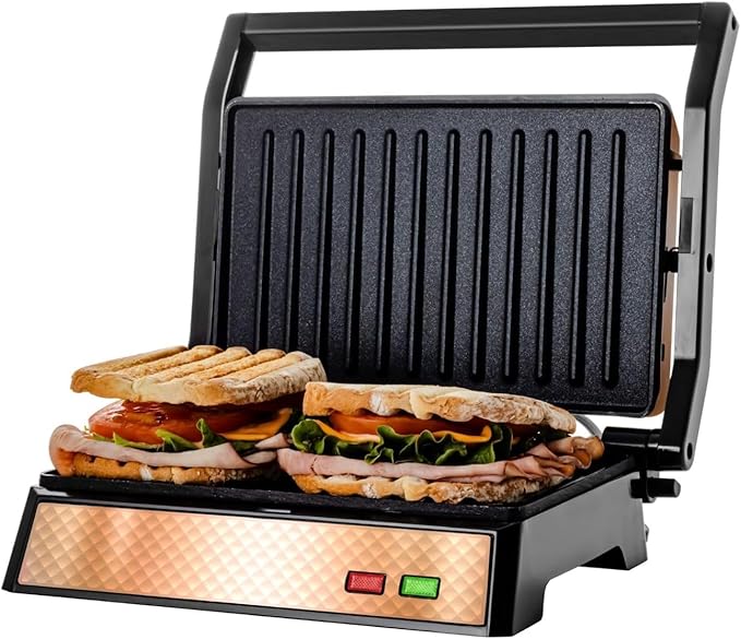 OVENTE Electric Panini Press Sandwich Maker with Non-Stick Coated Plates, Opens 180 Degrees to Fit Any Type or Size of Food, 1000W Indoor Grill Perfect for Quesadillas, Burgers & More, Copper GP0620CO