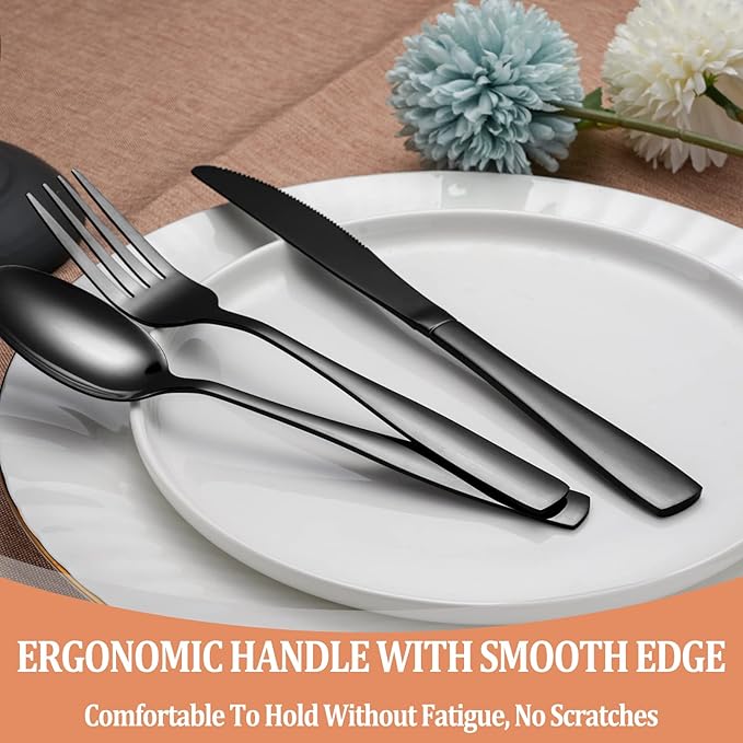 40 Pcs Black Silverware Set, Stainless Steel Flatware Set for 8, Food-Grade Cutlery Set, Mirror Polished Tableware Eating Utensils Set for Home Kitchen, Include Knife Fork Spoon Set, Dishwasher Safe
