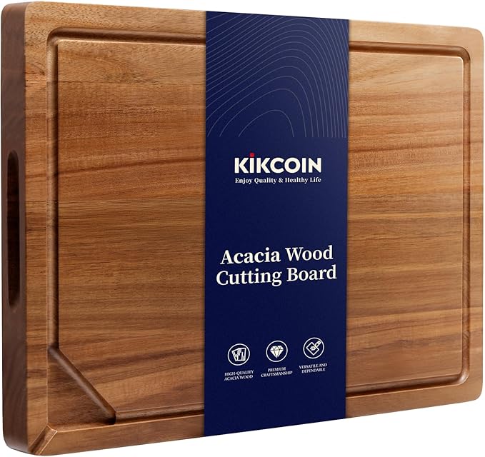 Kikcoin Acacia Wood Cutting Boards for Kitchen, Wooden Cutting Board, Chopping Board with Built-In Compartments and Juice Groove, Solid Charcuterie Board Serving Tray Wood Butcher Block, 17" x 11.8"