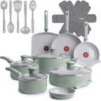 T-Fal Refresh Ceramic Nonstick Cookware Set, 20-Piece, Oven Safe to 350°F, Stockpot, Ceramic Pots and Pans Set, Frying Pans, Griddle, Utensils, Mint Green