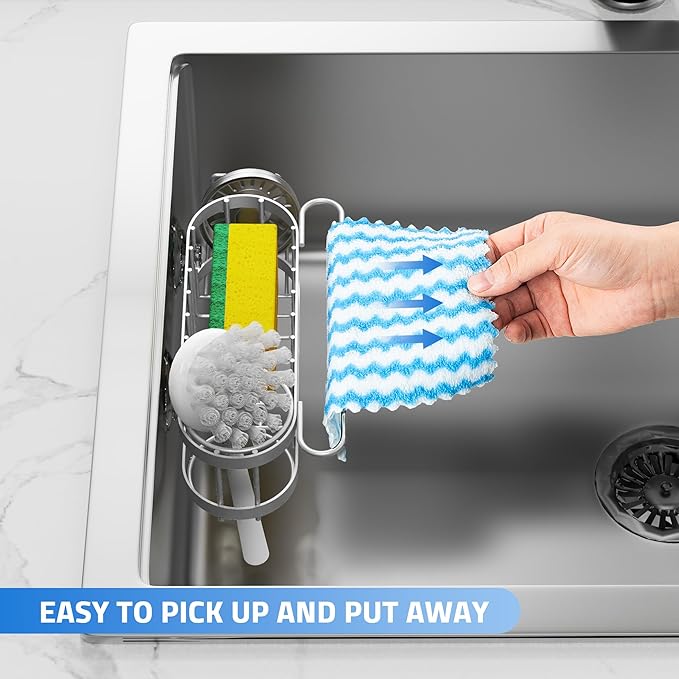 Cisily Grey Kitchen Sink Caddy Sponge Holder in the Sink, Stainless Steel Kitchen Organizer, Brush Holder, Dish Cloth Hanger 2 Installation Ways (Suction & Adhesives