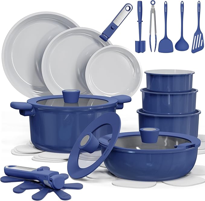CAROTE 27pcs Ceramic Cookware Set Nonstick, Pots and Pans Set Non Stick, Non Toxic Cookware Detachable Handles, Dishwasher/Oven Safe, RV/Camping Cookware, Pan and Pot with Kitchen Utensils, Navy Blue