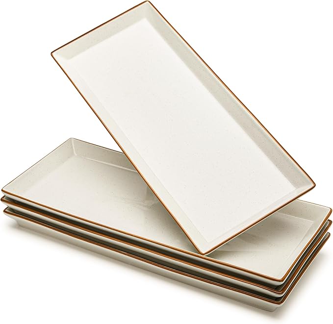 Sweese Rectangular Porcelain Platters, Vanilla White with Brown Trim, Serving Trays for Parties, 13.8 Inch Large Serving Dishes for Steak, Taco, Sushi, Appetizer - Dishwasher & Oven Safe - Set of 4