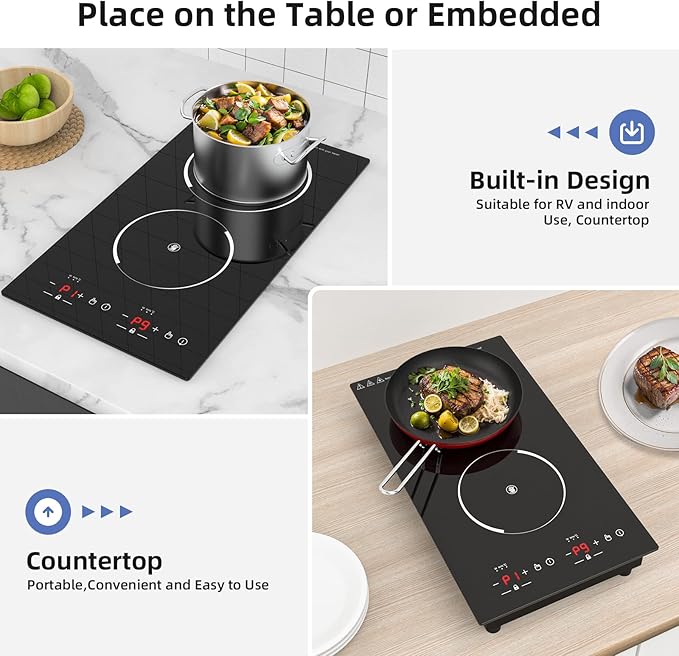 12“ Induction Cooktop, Double Induction Cooktop 2 Burner 110v-120v Electric Stove Top, Countertop and Built-in, 9 Power Levels, Child Lock, 120 Mins Timer