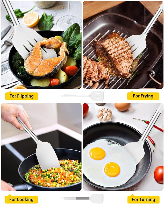 Pack of 2 Silicone Solid Turner, Non Stick Slotted Kitchen Spatulas, High Heat Resistant BPA Free Cooking Utensils, Ideal Cookware for Fish, Eggs, Pancakes(White)