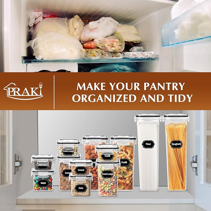 PRAKI Airtight Food Storage Containers with Lids, 12PCS Plastic Kitchen Storage Containers for Pantry Organizers and Storage - Cereal, Rice, Flour and Sugar Containers with Labels & Marker