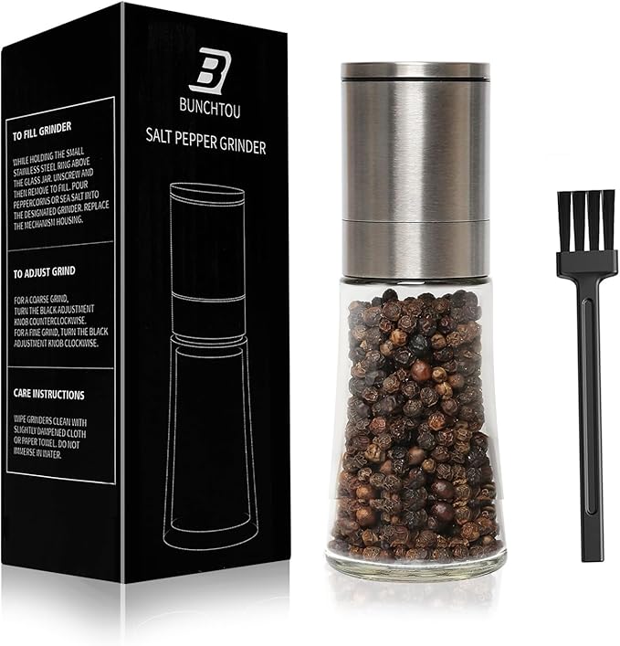 Original Stainless Steel Pepper Grinder or Salt Mill 1pk - Coarseness Adjustable Sea Salt Grinder or Pepper Mill Grinder - Small Manual Salt Pepper Shakers with Glass Container