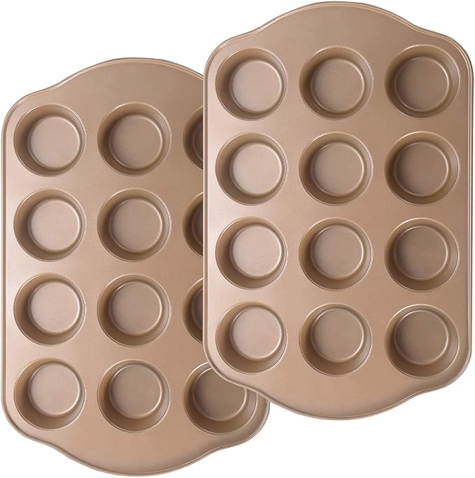 2 Pack Nonstick Muffin Pan Set, 12-Cup Heavy Duty Cupcake Baking Pan with Handles - PFOA-Free Muffin Tin, Rust Proof & Warp Resistant, Oven Safe 430°F (Gold)